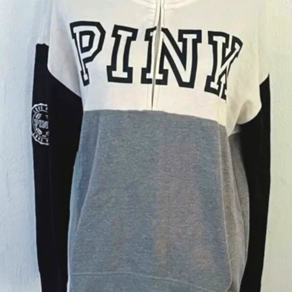 NWOT Pink Victoria Secret Black Gray And White Zip Up Collar Sweater